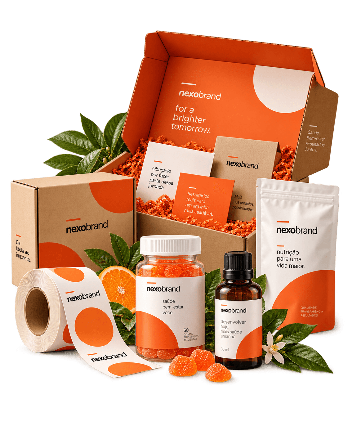 Cena de unboxing: caixas Nexo Brand abertas com produtos, folhagens e frutas