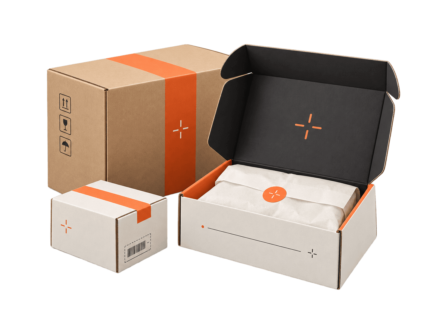 Caixas de embarque kraft e branca com selo laranja, uma aberta mostrando papel de seda e produto