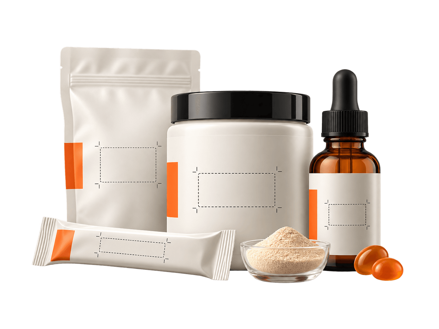 Linha de produtos marca própria: sachê stand-up, pote com pó, conta-gotas âmbar, stick pack e softgels